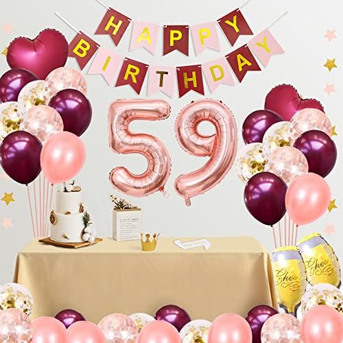 FancyPartyShop 59. rođendanski ukrasi za djevojčice i žene Burgundija ružičasta Sretni papir banner torta za balone Latex Confetti Balloons champagne stakleni folirani zastori 16inch ružičasti zlato fenomenalno