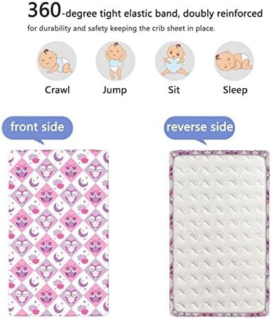 Opremljeni krevetići sa sovama, standardni madrac krevetića sa postavljenim listom madraca madrac posteljina-sjajna za dječaka ili djevojčica ili jaslice, 28 x52, lavanda ružičasta