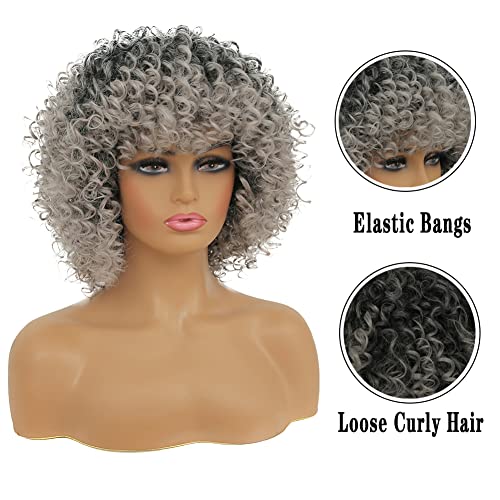 Kaneles kratka siva Kinky Afro perika za crne žene sintetičke miješane sive perike sa šiškama kosa do ramena Kinky Afro kovrčava perika za svakodnevno