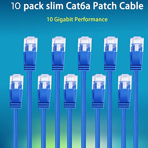 Rapink patch kablovi Cat6a 0.5 ft 10 paket Slim, Cat6a Ethernet patch kabl 10g podrška, Snagless Cat 6 patch kabl za Patch Panel za prebacivanje, fleksibilan Cat 6a Ethernet kabl sa pozlaćenim