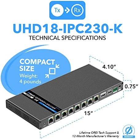 Orei 1x8 HDMI Extender Splitter 4K višestruko preko jednostruki kabel CAT6 / 7 4k @ 60Hz 4: 4: 4 HDCP 2.2 sa Upravljanjem IR daljinskog uređivanja - do 230 Ft - Loop - Loop - Potpuna podrška IR-232 Kontrola