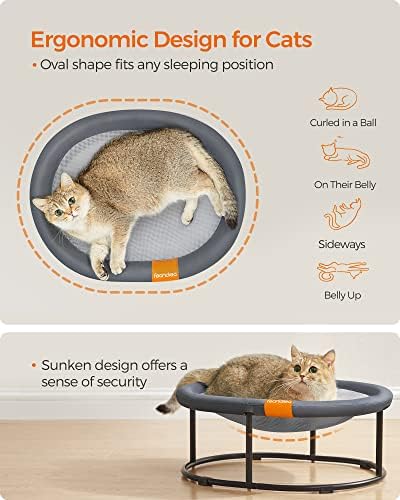 FEANDREA krevet za mačke, viseća mreža za mačke, mali krevet za pse, za kućne ljubimce do 18 lb, Samostojeći uzdignuti krevet za mačke za ljeto, sa mrežom koja se može skinuti, može se prati u mašini, ovalna, siva UPCB001G01