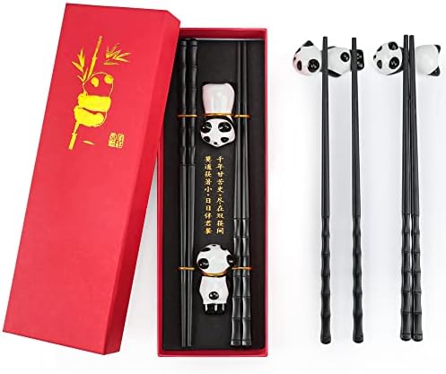 GROWORD 2 pari Kineski višekratni Panda štapići za jelo, štapići za jelo koji se mogu prati u mašini za suđe sa divnim Panda Rest-om, došli su u prekrasnoj crvenoj kutiji, nevjerovatan izbor za Panda Lover,Neklizajući dizajn & amp; jednostavan za korištenje (crn)