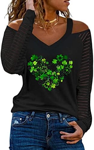 Ženska St Patricks Dan majica Shamrock Ispis dugih rukava T-majice St. Paddy's Day Sexy Hladni ramena TEES