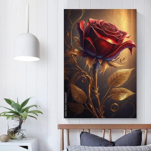 Poster Crvena ruža cvijet Zlatna pozadina lijepa cvjetna pozadina kućno platno slikarstvo zidni umjetnički Poster za spavaću sobu dekor dnevne sobe 20x30inch Unframe-Style-1