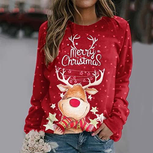 Crveni božićni džemperi za žene Slatke jeleer Print Crewneck košulje s dugim rukavima plus veličine Duks zimske odjeće