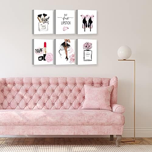 HoozGee uokvireni Pink modni zidni umjetnički otisci s drvenim okvirom unutar seta od 6 Slika šminke zidni dekor platno Print Poster moderne djevojke dekor sobe za dekor spavaće sobe