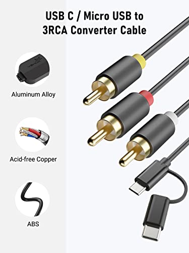 Yehua USB C do RCA Converter kabel, Micro USB do RCA video kabela za pretvorbu, 3RCA adapter kompatibilan sa iPadom sa USB C priključkom i svim Android telefonima u HDTV / Blu-ray / PAL