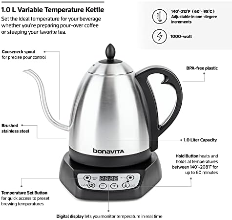 Bonavita 1l Digitalni električni čajnik sa varijabilnom temperaturom Gooseneck za precizno upravljanje kuvanjem kafe i čaja, 6 unapred podešenih temperatura, kafe ili kućna upotreba, 1000 vati, Nerđajući čelik