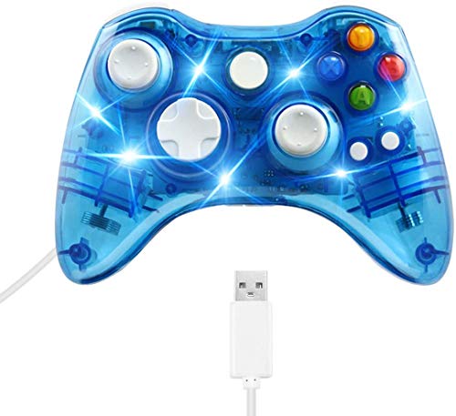 USB žičani kontroler za Xbox 360, dual Vibration Gamepad kontroler Ergonomski dizajn udoban sa 7 LED kompatibilan sa Xbox 360 PC Windows XP/7/8/8.1/10/pogled, prozirno plava