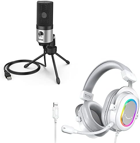 FIFINE glas preko mikrofona i PS5 slušalica, USB PC računarski mikrofon sa kontrolom pojačanja, bijele igračke slušalice sa 7.1 Surround zvukom za Zoom Video sastanak na Windows / Mac / PS4 / PS5