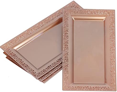 4 Yumchikel 14 x 7,5 ružičasti zlatni čipke RIM plastične posude i ploče | Teška dekoracija dekorativna
