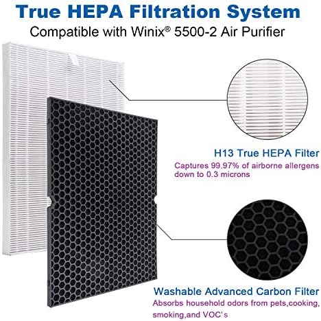 Flintar 116130 pravi HEPA zamenski Filter H, kompatibilan sa Winix 5500-2 Prečistačem vazduha, Premium H13 Grade True HEPA i naprednim Karbonskim filterom koji se može prati, deo # 116130, h Filter, 2 pakovanja