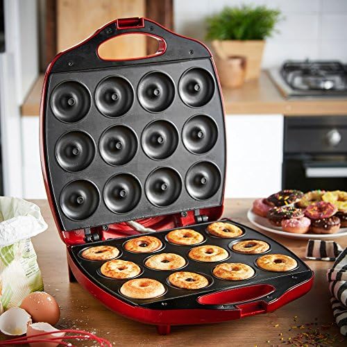 VonShef Mini Donut Maker - Mašina za pravljenje krofni za dom, proizvodi 12 krofni, 1200w, Neprijanjajuću površinu, sigurno kuvanje za djecu, jedinstveni poklon Mini aparata-crveni