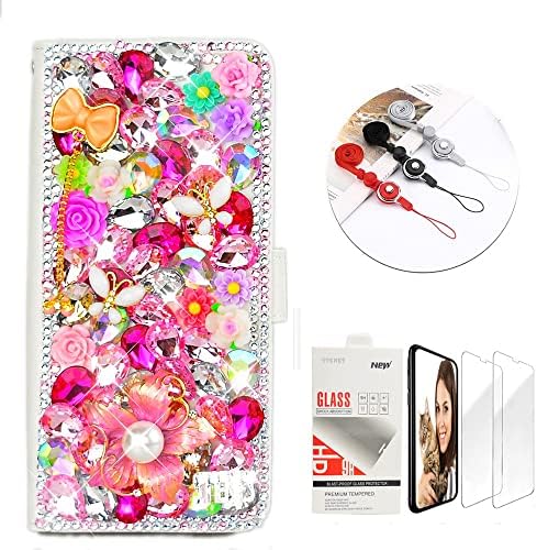 STENES Bling Wallet futrola za telefon kompatibilna sa Samsung Galaxy S23 Ultra - Stylish-3D ručno rađeno cvijeće leptir cvjetni luk privjesak kožna navlaka sa trakom za vrat & amp; zaštitnik ekrana-Pink