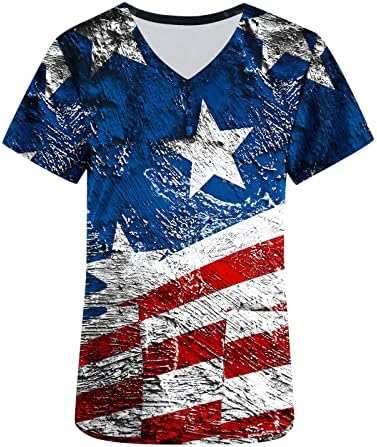 Ženski piling modni kratki rukav V-izrez V-izrez radni majica Dan nezavisnosti Tipke s džepnim bluzama Tunički vrhovi
