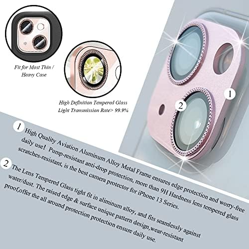 Jolojo 2 paket zaštitnik sočiva kamere kompatibilan za iPhone 13/13 Mini, Aluminijska legura Metal & 9H kaljeno staklo poklopac kamere šok/Vodootporan,otporan na lomljenje/ogrebotine, pogodan za futrole - Pink