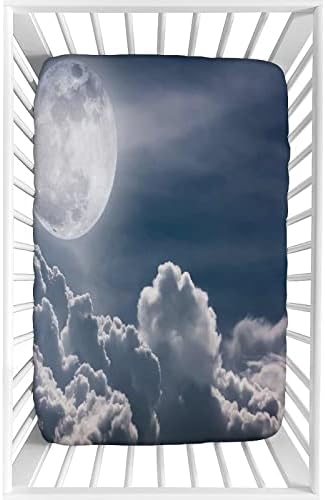 Dekorativni sabirni list, noćno nebo Opremljeno microfiber baby & toddler univerzalni krevetići krevetić, 28 x 52, nebeska fotografija Veliki rasadni list punog mjeseca, za dječje dječake, tamno plavo bijelo