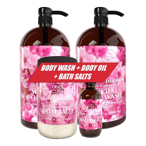 Kolekcija Mrtvog mora - Cherry Blossom - pranje tijela - pakovanje od 2 - soli za kupanje-veliki 34,2 oz. - Ulje za tijelo-MAGA BUNDLE