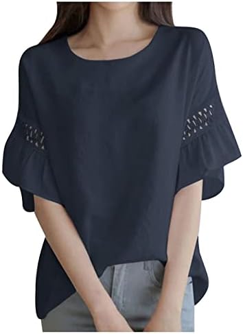 Pamučne platnene majice za žene srušeni casual okrugli vrat na listu Majica kratkih rukava Ljetni kruni labavi bluze