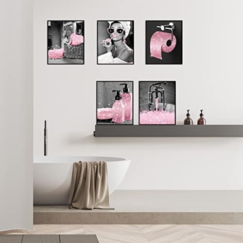 Modni Zidni zidni kupatilo zidni dekor štampa Set od 6 crno-belih ružičastih Glam sjajnih platnenih plakata