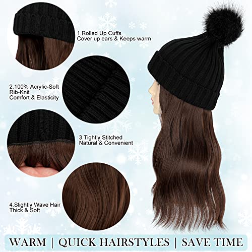 Lansigreen kapa sa kosom pričvršćenom za ženski šešir perika duge valovite kovrčave ekstenzije za kosu pletena rebrasta Pom kapa sa sintetičkom frizurom za zimsku srednju smeđu