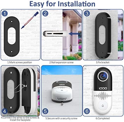 Idoo Video Doorbell WiFi, 128GB 1080p HD Kućna sigurnost Priredna vrata Bell Camera Chime, dvosmjerni audio, Detektor pokreta, Jednostavna instalacija, Noćni vid, zahtijeva postojeće žice na vratima, pametne aplikacije iOS / Android