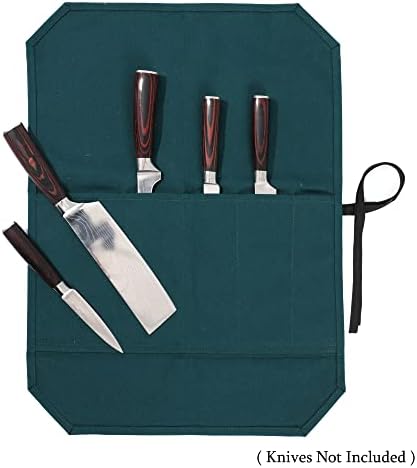 Kaaltisy Chef Knife Storage Roll, Heavy Duty 16oz voštani platneni držač noža, rola noža sa rezanom otpornom tkaninom, torba za nož sa 5 slotova sa užetom za kravatu - tamno zelena