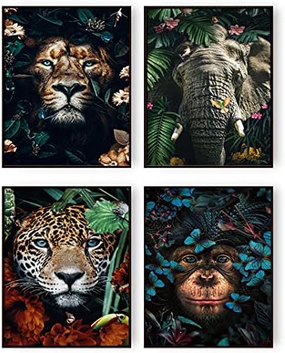 Životinjski otisci zidni umjetnički dekor za dnevni boravak, Safari slike zidni dekor za kupatilo, Safari posteri za zid sa Lavom, leopardom, slonom, gorilom