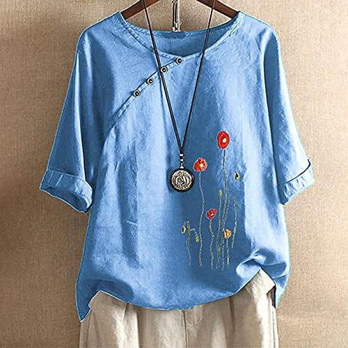 Ljetni ženski pamučni i posteljini vrhovi scoop vrat grafički ispis T majica labavi montirani trendy kratki rukav bluze