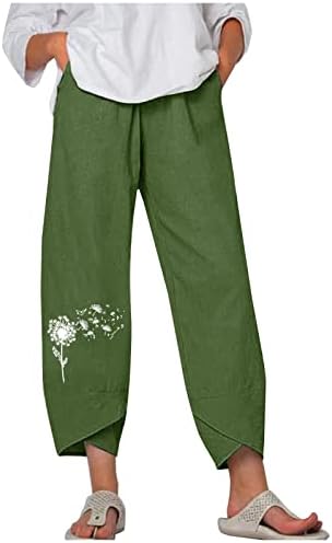 LCEPCY ženska posteljina povremene hlače s elastičnom strukom ljeto tiskane udobne hlače Lanen Capris joga dukseri pantalone