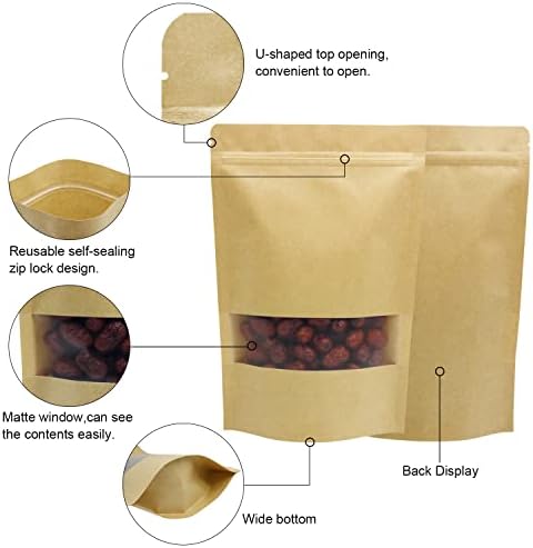 Torbe za ustajanje, Kraft torbica od 100 pakovanja sa zarezom za kidanje i mat prozorom, torba za skladištenje hrane sa patentnim zatvaračem