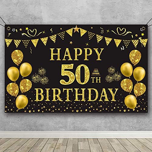 Trgowaul 50. rođendan set: uključuje banner za rođendan od crnog zlata 5,9 x 3,6 fts, crno
