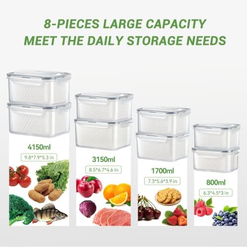 Kontejneri za skladištenje voća i povrća za frižider, 8 pakovanja veliki kapacitet proizvodi kontejneri za čuvanje frižidera kante za organizatore frižidera,Slaganje proizvodi čuvari sa poklopcem & amp; cjedilo za Salat Berry Salat Storage