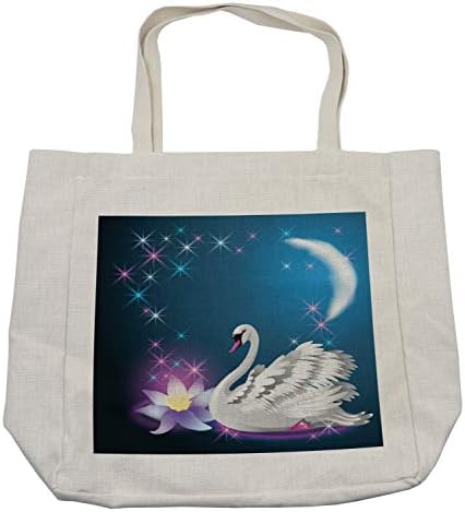 Ambesonne Swan torba za kupovinu, Magic Lily i Swan noću kupanje u jezeru pod mjesecom i zvijezdama slika umjetnosti, ekološka torba za višekratnu upotrebu za namirnice plaža i još mnogo toga, 15,5 X 14,5, plavo bijela