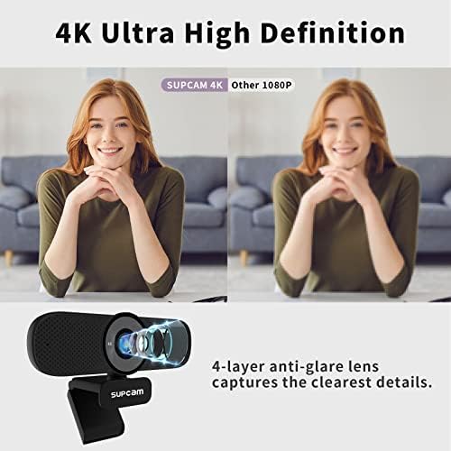 SUPCAM 4K Ultra HD web kamera sa dvostrukim mikrofonima za Desktop računar, AI-automatsko uokvirivanje, Eptz daljinsko upravljanje 3x zumom, USB klima Kamera, eksterni poklopac za privatnost, široko kompatibilan sa Video pozivima