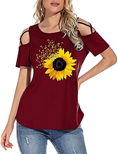 S vrhova ramena za žene, dame Ljeto cvjetno cvjetno print Tunike Drop rukava tunika vrhova Crewneck čvrste majice