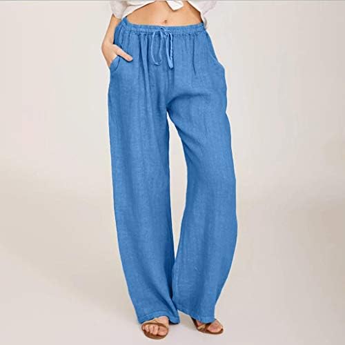 Yubnlvae hlače za žene pamučno i posteljina visokog struka elastičnog nacrta s džepovima čvrste široke