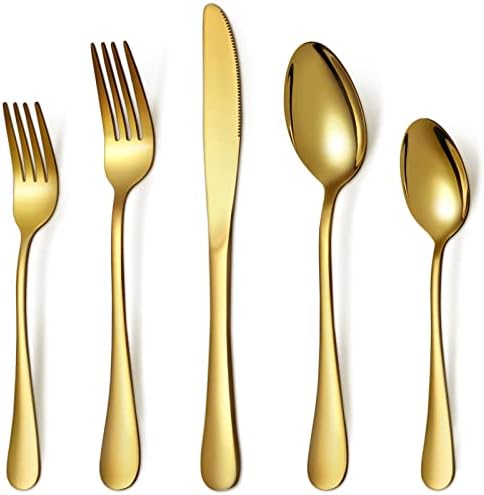 20 komadni Set zlatnog srebrnog posuđa, Setovi posuđa od nerđajućeg čelika za 4, Set Zlatnog pribora za jelo uključuje viljuške kašike noževi, ogledalo polirano, može se prati u mašini za sudove