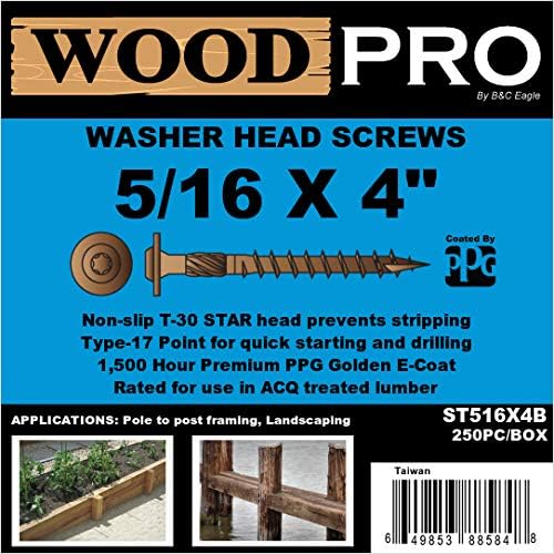 WoodPro pričvršćivači ST516X4B 5/16 inča sa 4-inčnom dužinom okrugla glava za pranje vanjski Vijci za drvo, 250 pakovanja, Zlatni