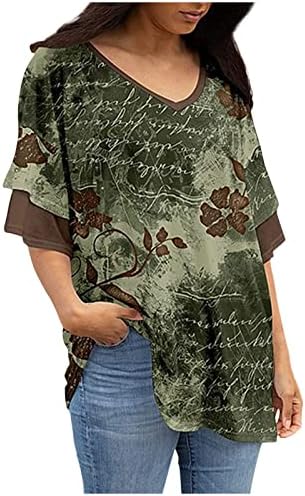 pbnbp ženski labavi kroj Tee slojeviti rukav Plus Size ljetni V izrez dnevne bluze sa štampanim cvjetnim kratkim rukavom u trendu majice