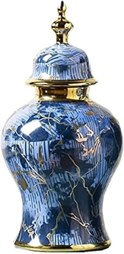 CNPraz Plava keramička vaza Jars Jars sa poklopcem za kućni dekor, zlatni detalji hram jar cvijet