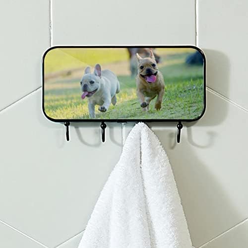 Dva francuska buldog štene koja igraju printom nosač stalak za stalak za stalak za ulaz, ulaz sa 4 kuka za kapute kaputi za ručnik torbica haljina kupaonica ulazi u kupaonicu
