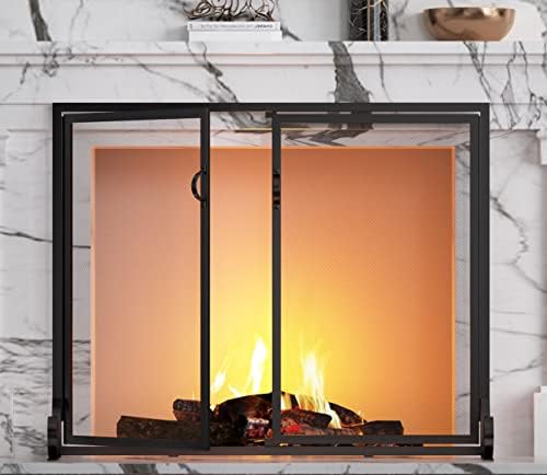 Fire Beauty kamin ekran sa krilnim vratima, čelični okvir obložen prahom, metalna mreža, ručno izrađeni čvrsti čelik,dekorativni dizajn, Samostojeća zaštita od iskri