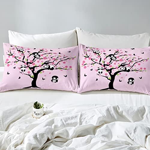 Cartoon Panda opremljen & nbsp;čaršav Queen size Cherry Blossom posteljina  Setovi za djevojčice dječake djecu, cvjetajuće grane trešnje krevet & nbsp; plahte slatka posteljina za divlje životinje & nbsp; dekor & nbsp;Set romantični dekor spavaće sobe sa cvijećem