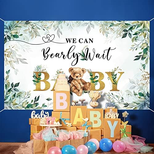 Tegeme možemo Bearly čekati Bear Backdrop Baby Shower rođendanske dekoracije Greenery Gold Bear Banner