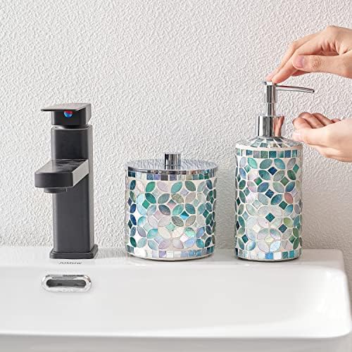 KMWares Dekorativni mozaik stakleni pribor za kupaonice Set 5pcs - uključuje ručne raspršivač i pamuk tegljač i tumbler i ispraznost i držač četkica za zube - više plavo zeleno
