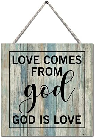 Drveni znak Motivacijski citat Ljubav dolazi od Boga Bog je love Vintage Teal Wood Grain Funny Wall Art Viseće znakovska ploča s konopom za kućnu kuhinsku stolu Zidni dekor Ženski poklon 12 x12
