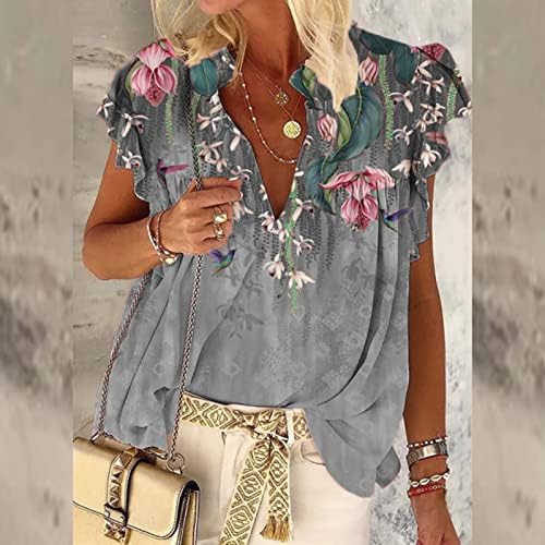 Ženski vrhovi skrivaju trbuh tunika 2023 ljetni cvjetni print v izrez majica casual trendi rufffle s kratkim rukavima labave bluze