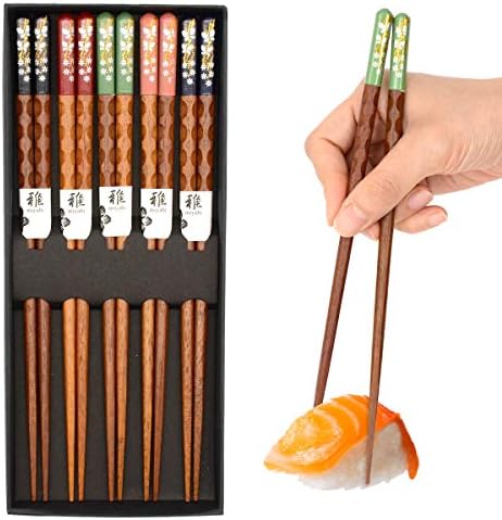 OMyTea štapići za višekratnu upotrebu - japanski drveni štapići za jelo 5 pari poklon kompleta, 9 inča/23 cm, za Sushi, Ramen, rezance, pirinač, kampovanje, putovanja